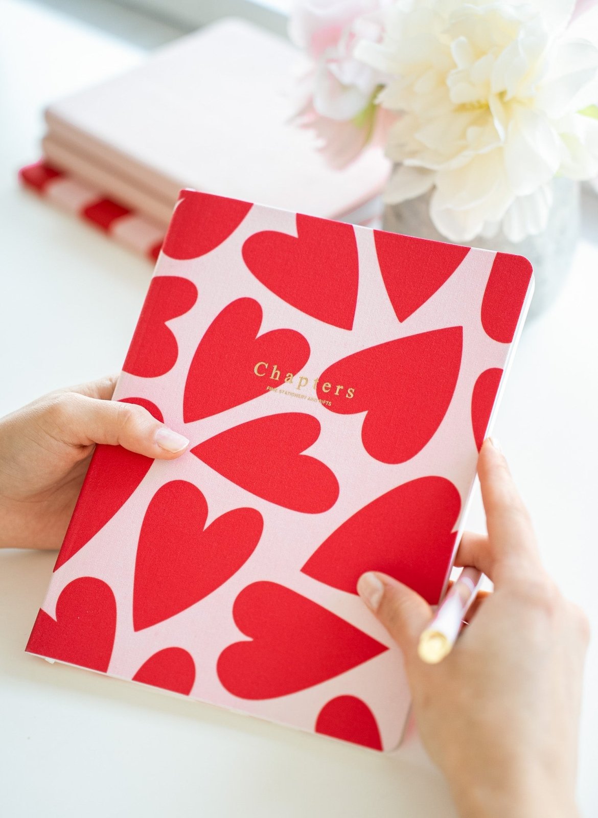 Canvas Notebook, Pale Pink & Red Hearts - Chapters